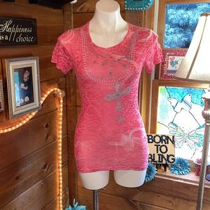 8241 Ranch Pink Sheer shirt w/ Cross detail NWOT